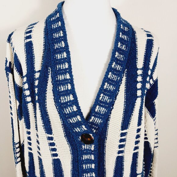 Lafayette 148 New York Cotton & Silk Cardigan, Blue & White Geometric, Size MED - Picture 5 of 14